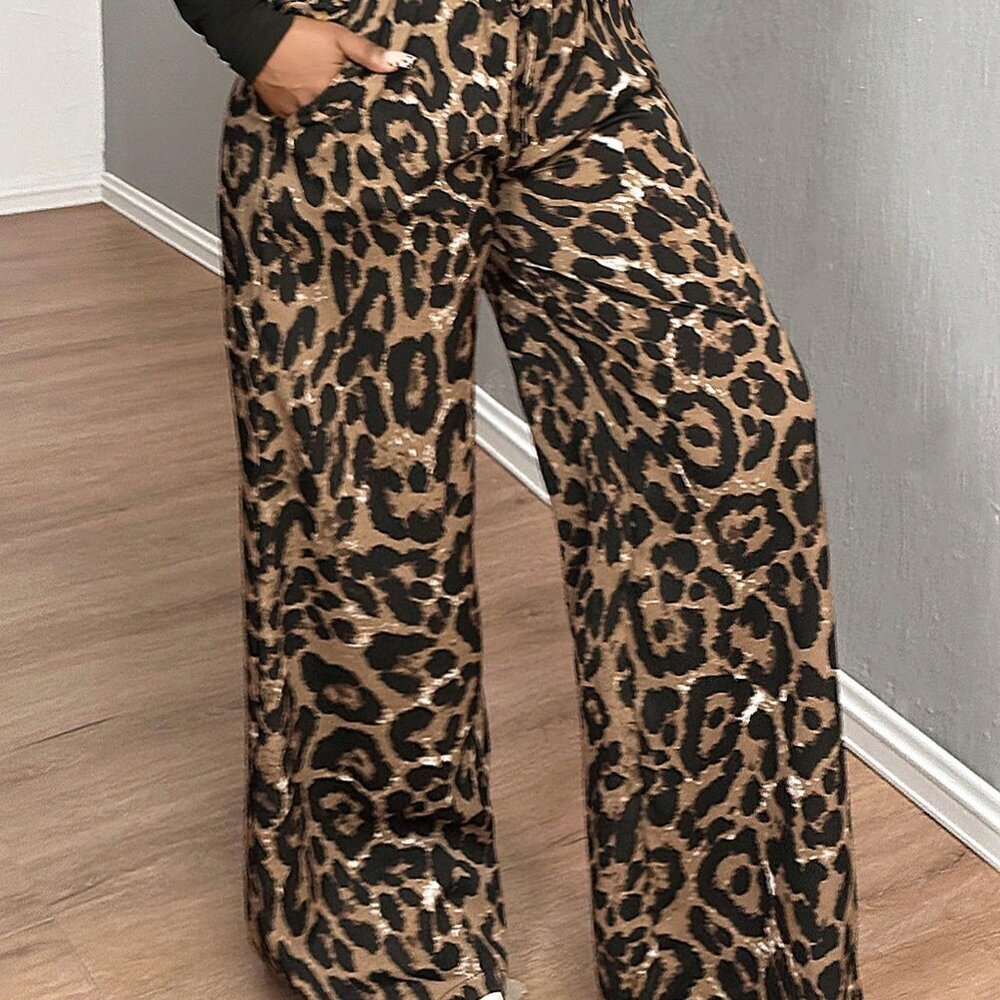 Rust Brown Casual Leopard Print Women's Baggy Pants - Picture 7 of 8